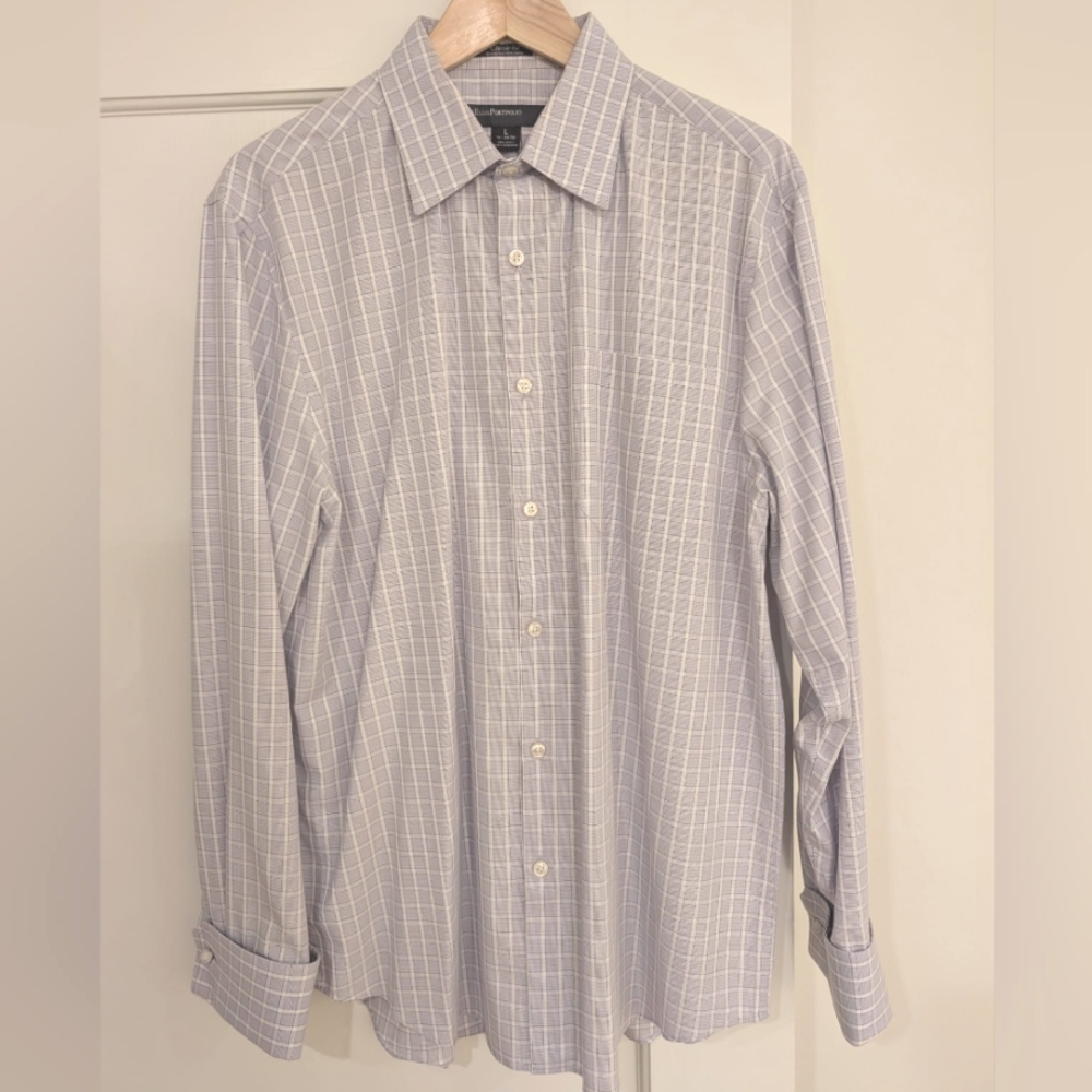 Perry Ellis Portfolio mens dress shirt, size large, light purple check pattern